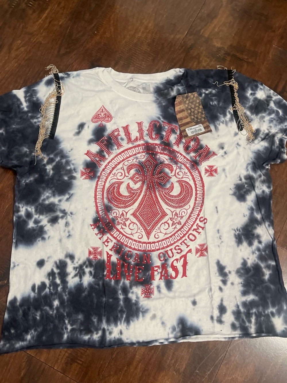 Affliction Kids Black & White Tie-Dye 'Live Fast' Graphic Tee with Red Crest